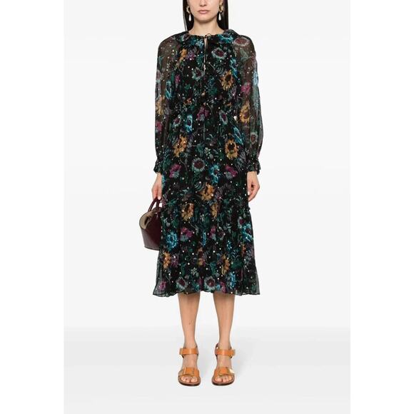 NWOT Ulla Johnson Audette Tiered Floral Silk Chiffon Dress Size 4 Black #2G451 - Picture 3 of 11